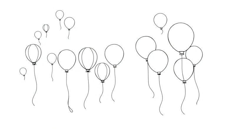 A color panel featuring black outlines of balloons of various sizes and shapes, floating and connected by strings against a white background.