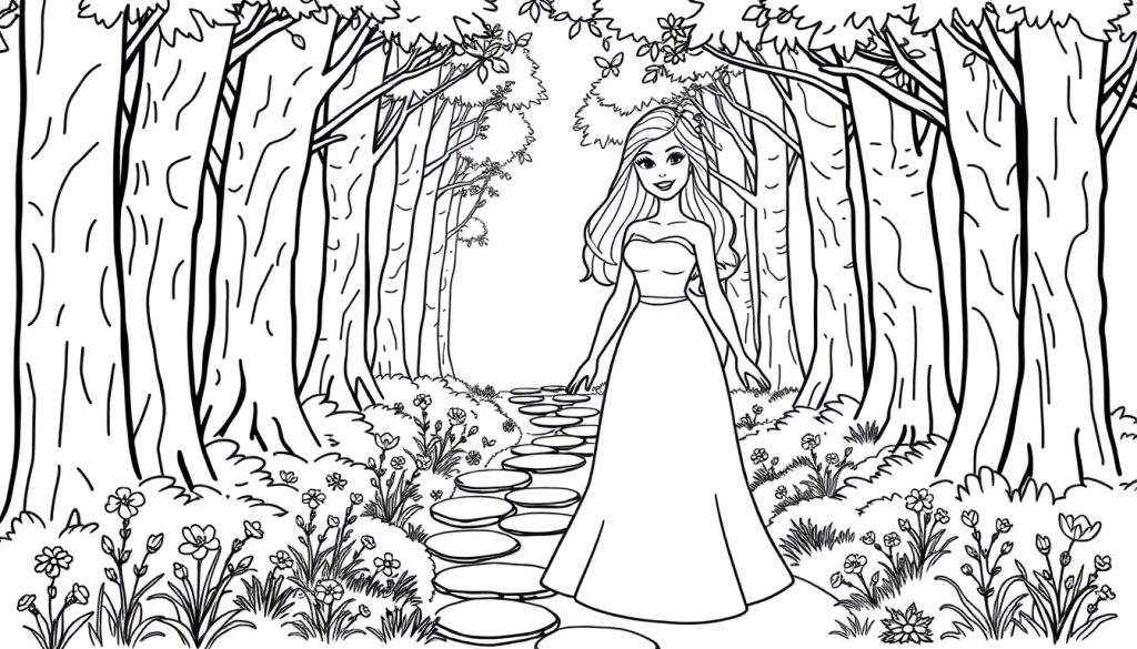 A happy Barbie in a beautiful dress on a stone path in a forest, ready to be colored in this color panel.