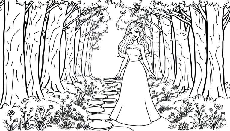 A happy Barbie in a beautiful dress on a stone path in a forest, ready to be colored in this color panel.