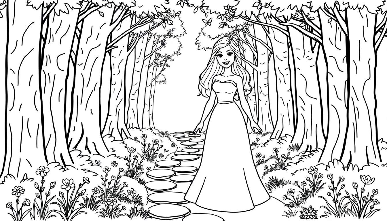 A happy Barbie in a beautiful dress on a stone path in a forest, ready to be colored in this color panel.