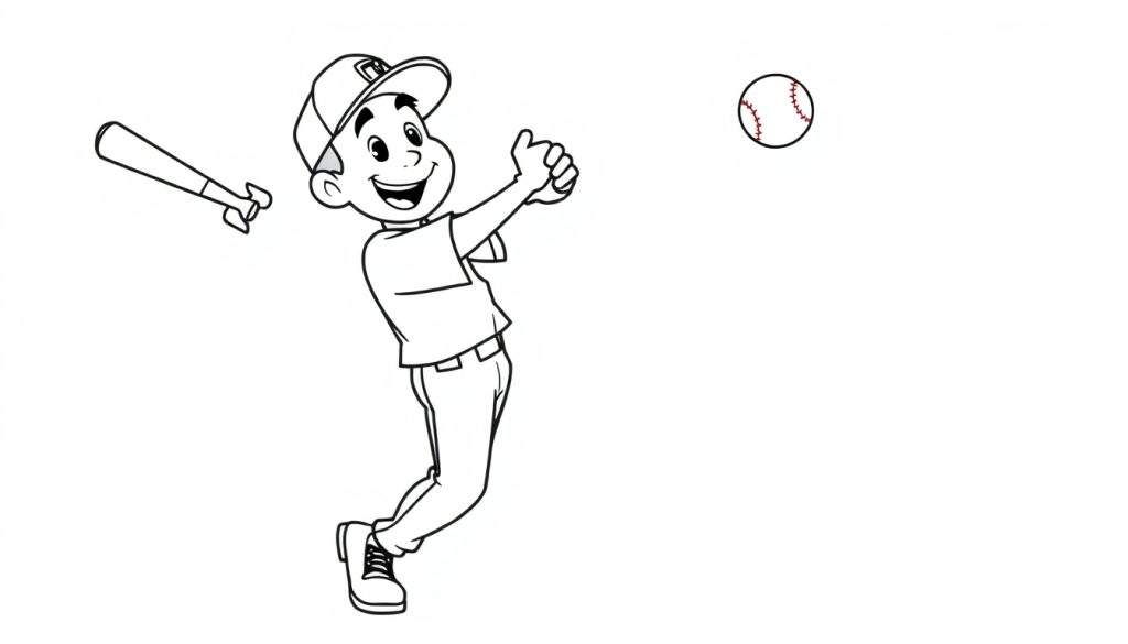A cute black and white color panel of a boy playing baseball, ready to hit.