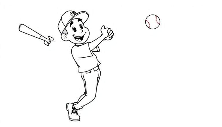 A cute black and white color panel of a boy playing baseball, ready to hit.
