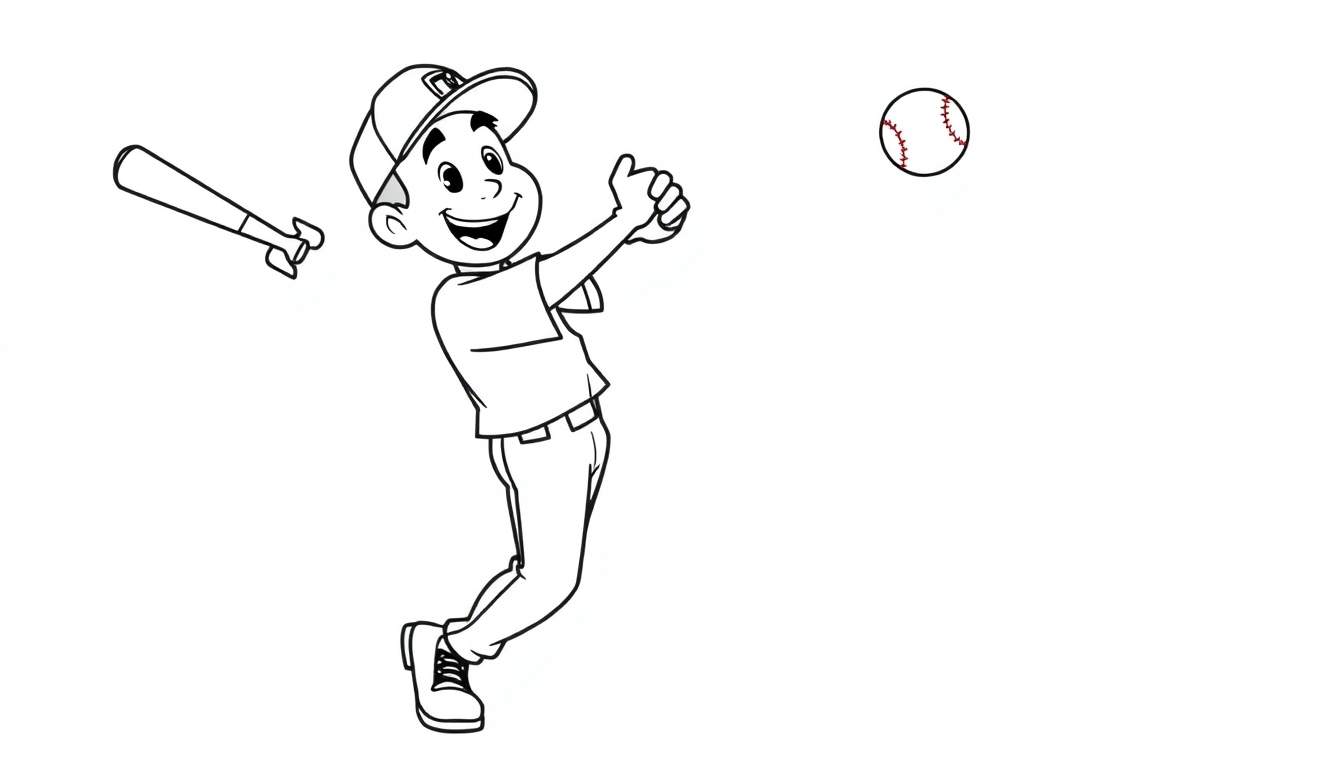A cute black and white color panel of a boy playing baseball, ready to hit.