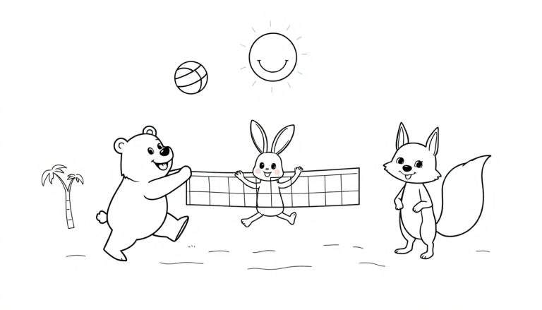 A cute black and white illustration of a bear, rabbit, and squirrel playing volleyball on a beach, perfect for a color panel.