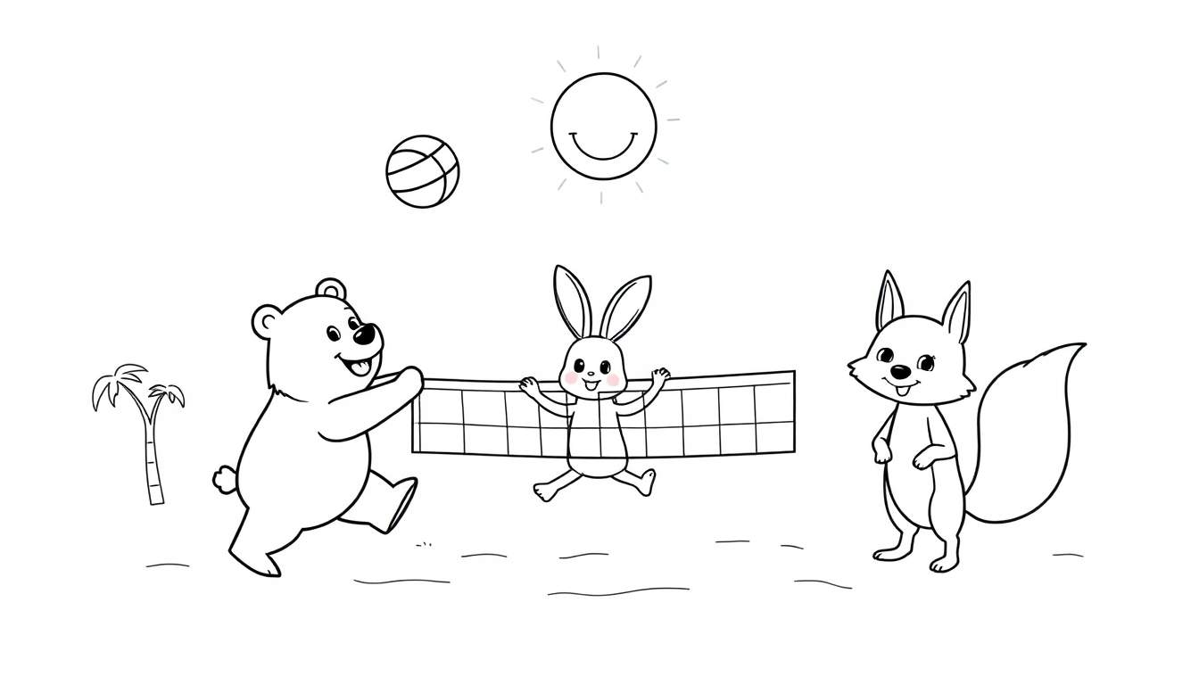 A cute black and white illustration of a bear, rabbit, and squirrel playing volleyball on a beach, perfect for a color panel.