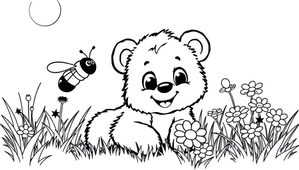 A cute bear cub sitting in a meadow with a bee flying towards it, a black and white color panel.