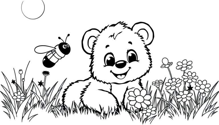 A cute bear cub sitting in a meadow with a bee flying towards it, a black and white color panel.