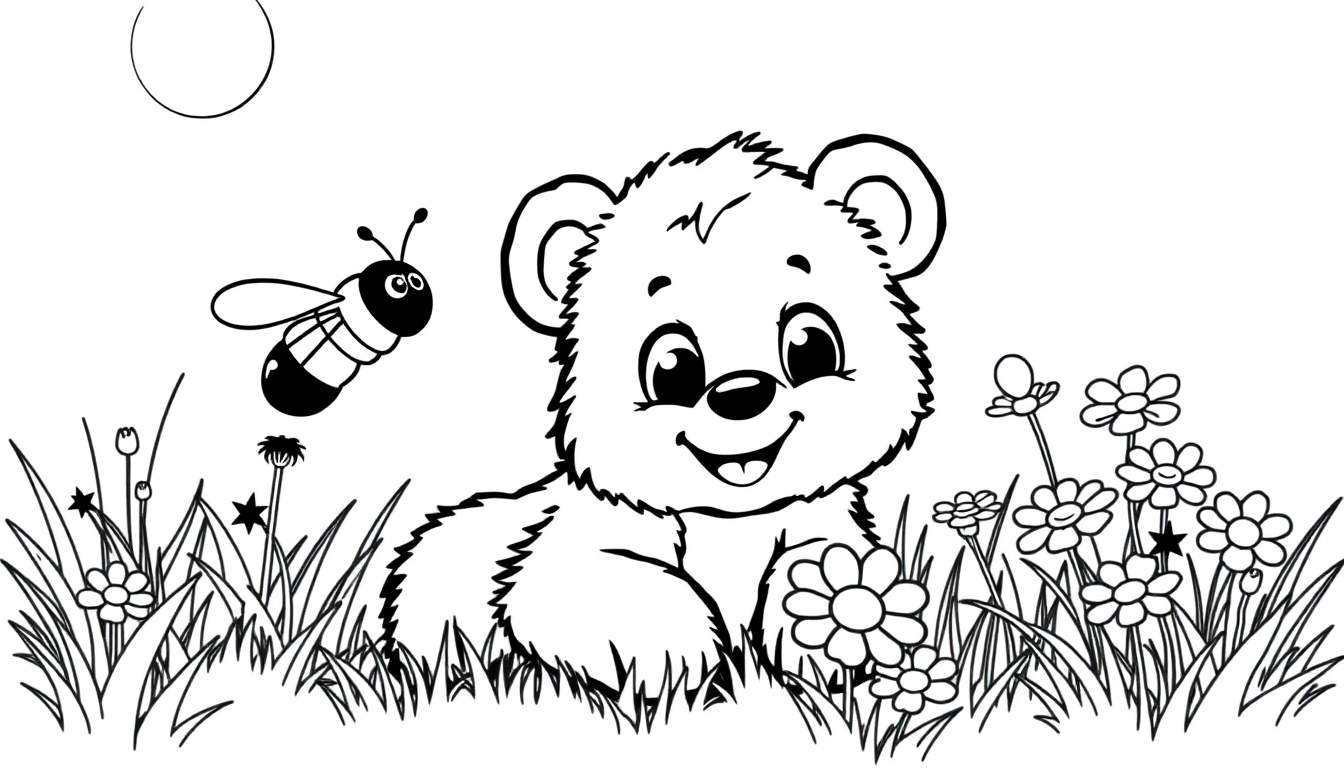 A cute bear cub sitting in a meadow with a bee flying towards it, a black and white color panel.