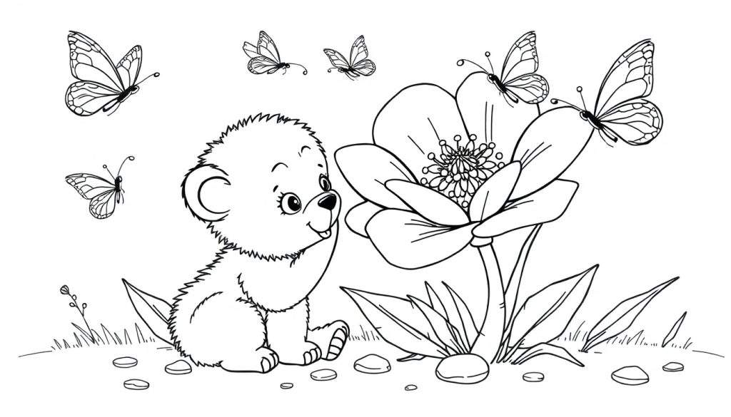 A black and white drawing of a cute bear cub, butterflies, and a large flower, suitable for a color panel.