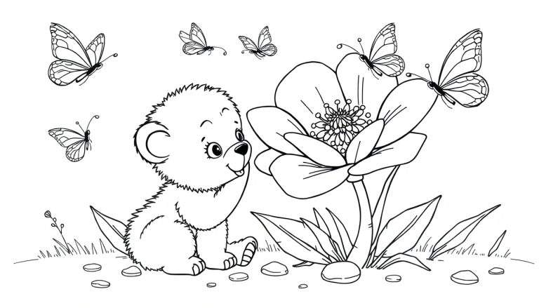 A black and white drawing of a cute bear cub, butterflies, and a large flower, suitable for a color panel.