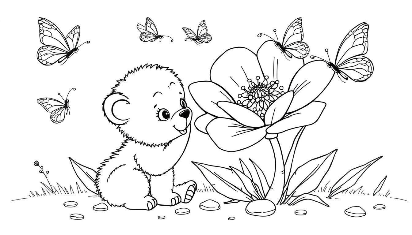 A black and white drawing of a cute bear cub, butterflies, and a large flower, suitable for a color panel.