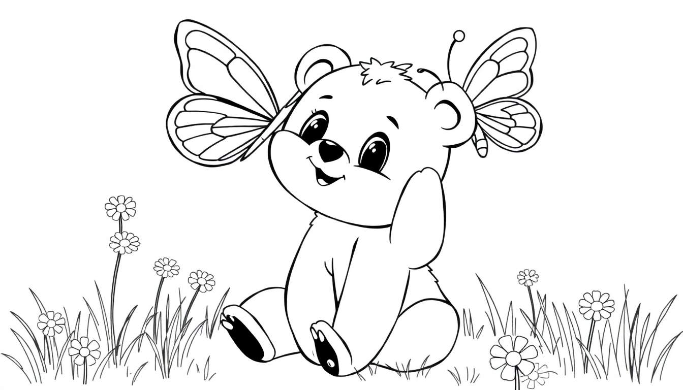 A cute bear cub with butterfly wings on its ears, sitting in a field of daisies, ready for coloring in this color panel.
