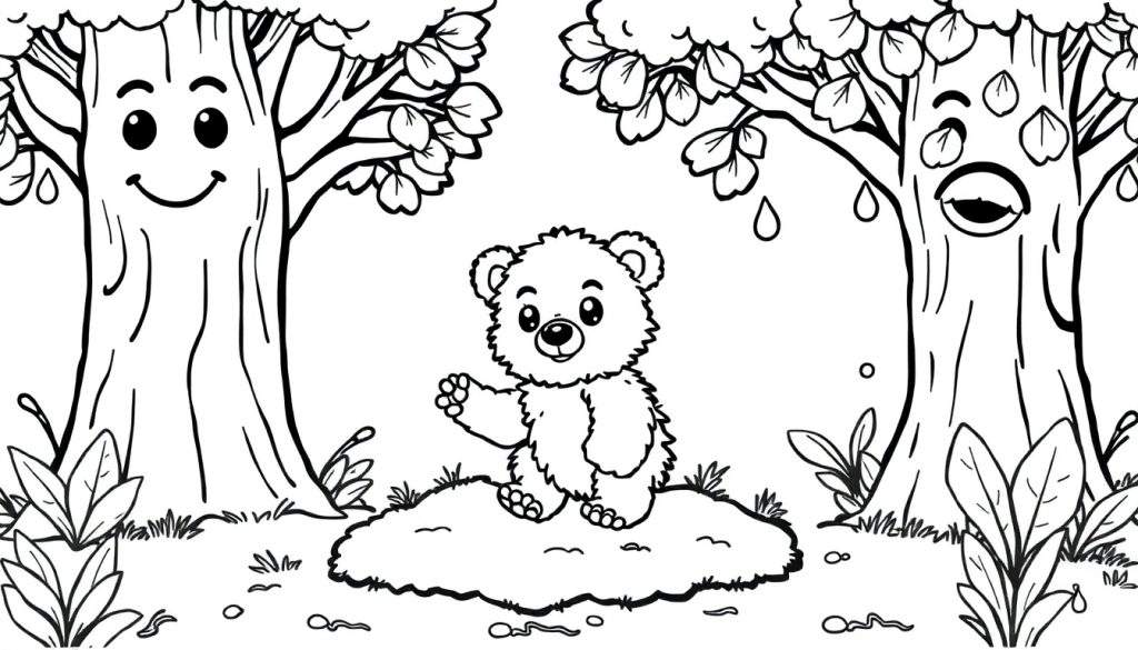 Black and white cartoon of a bear cub waving hello in a forest with two friendly trees. A fun color panel for kids.