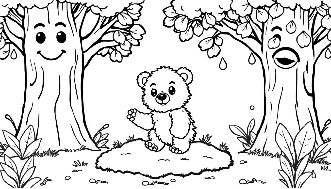 Black and white cartoon of a bear cub waving hello in a forest with two friendly trees. A fun color panel for kids.