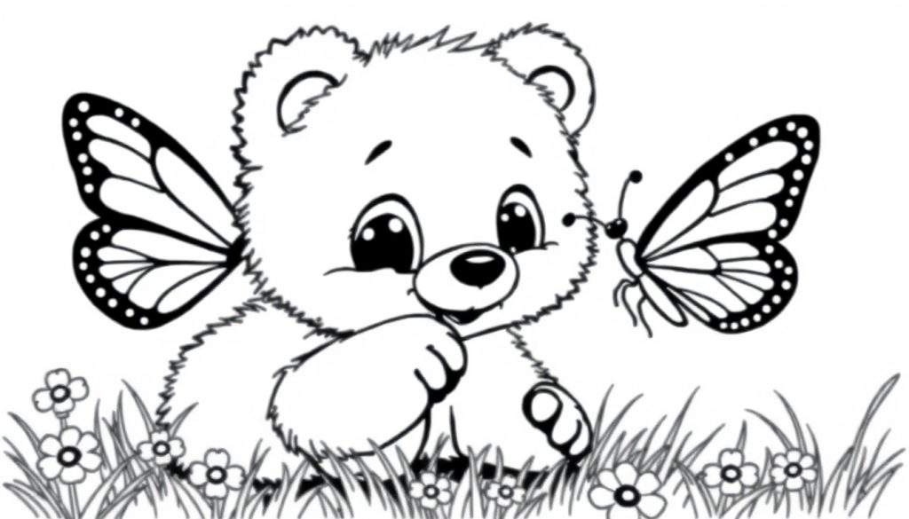 A fluffy baby bear cub in a meadow, ready for its color panel.