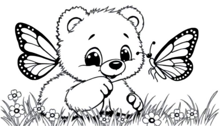 A fluffy baby bear cub in a meadow, ready for its color panel.