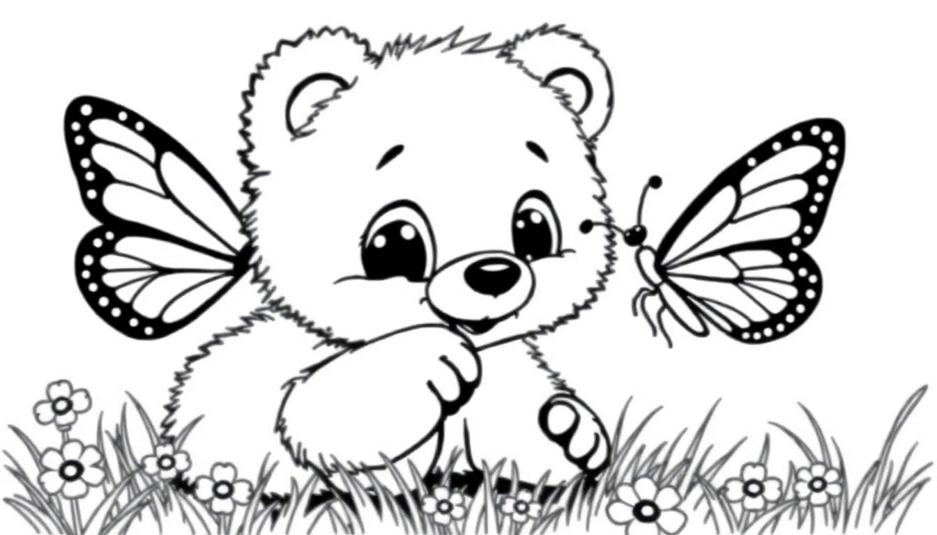 A fluffy baby bear cub in a meadow, ready for its color panel.