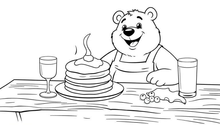 A happy cartoon bear enjoys a pancake breakfast, a delightful color panel for kids.