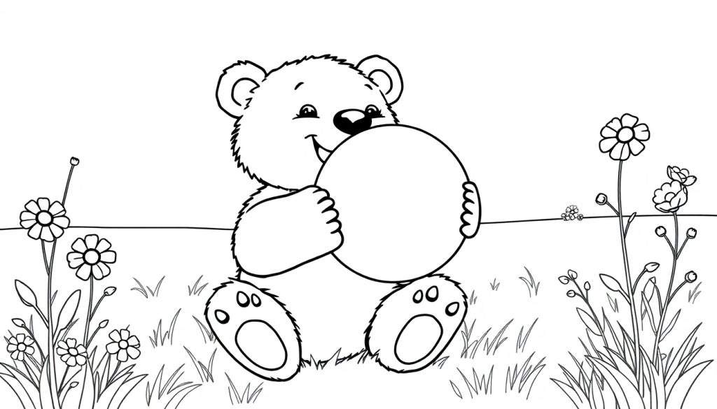 A cute cartoon bear cub holding a blank oval shape in a field of flowers, a perfect color panel for creativity.