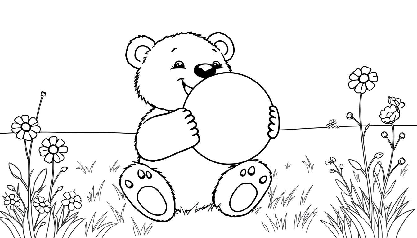 A cute cartoon bear cub holding a blank oval shape in a field of flowers, a perfect color panel for creativity.