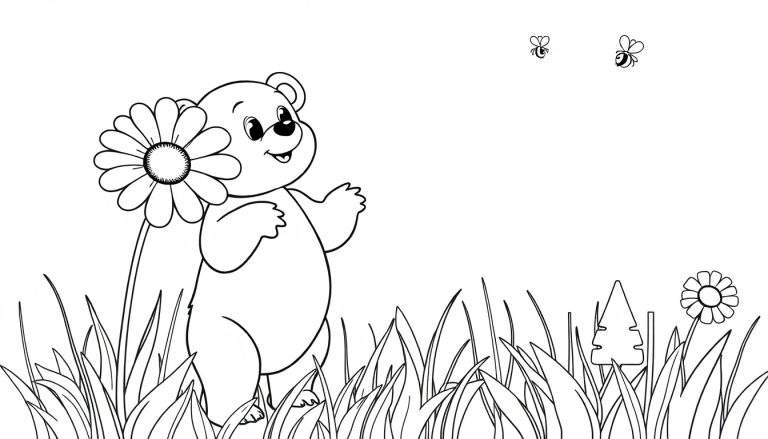 A cute bear cub in a meadow, holding a daisy behind its back, with bees in the sky. A black and white color panel for kids.