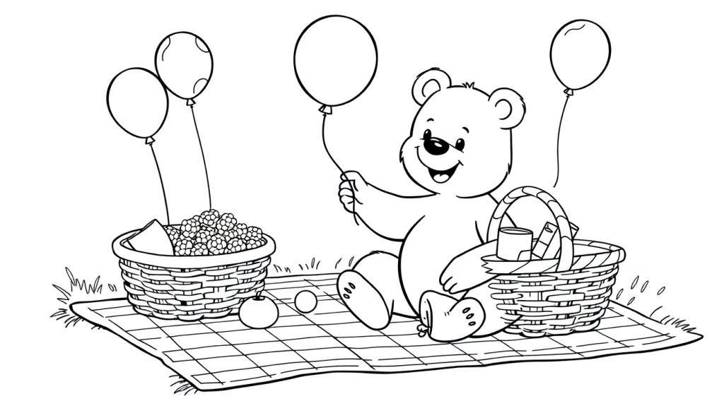 A black and white cartoon bear cub sits happily on a picnic blanket with a balloon, part of a color panel.