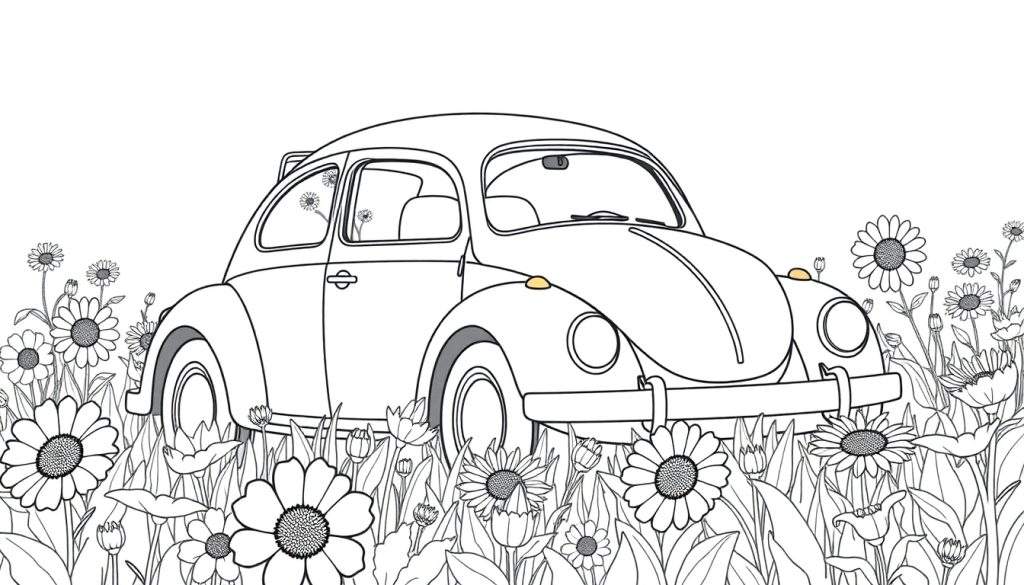 A black and white coloring page of a classic Volkswagen Beetle parked in a field of flowers, ready for a colorful adventure on your color panel.