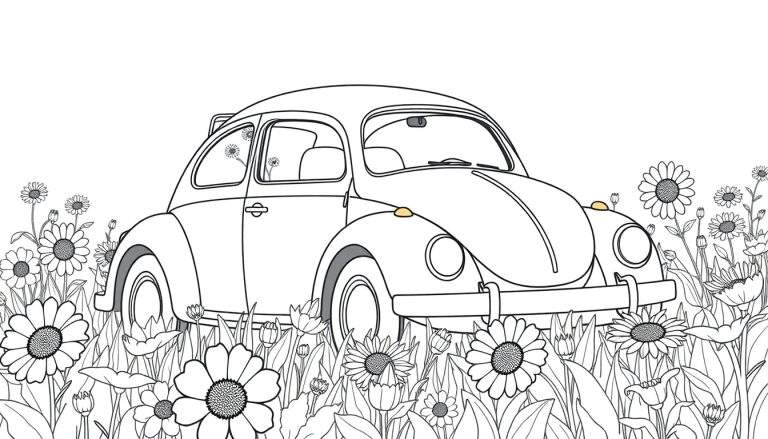 A black and white coloring page of a classic Volkswagen Beetle parked in a field of flowers, ready for a colorful adventure on your color panel.