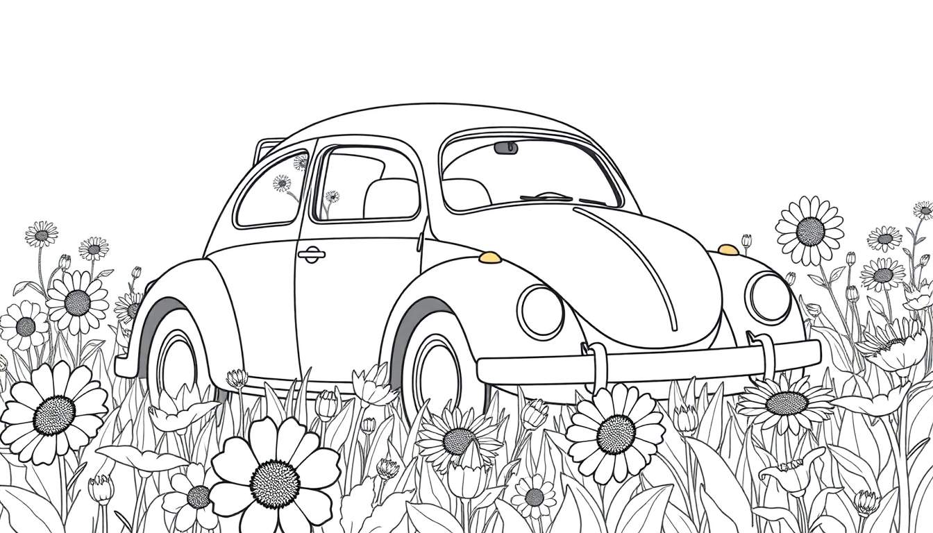 A black and white coloring page of a classic Volkswagen Beetle parked in a field of flowers, ready for a colorful adventure on your color panel.