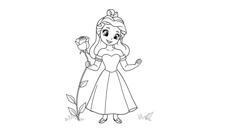 A cute coloring panel of Belle holding a rose, black and white line art.