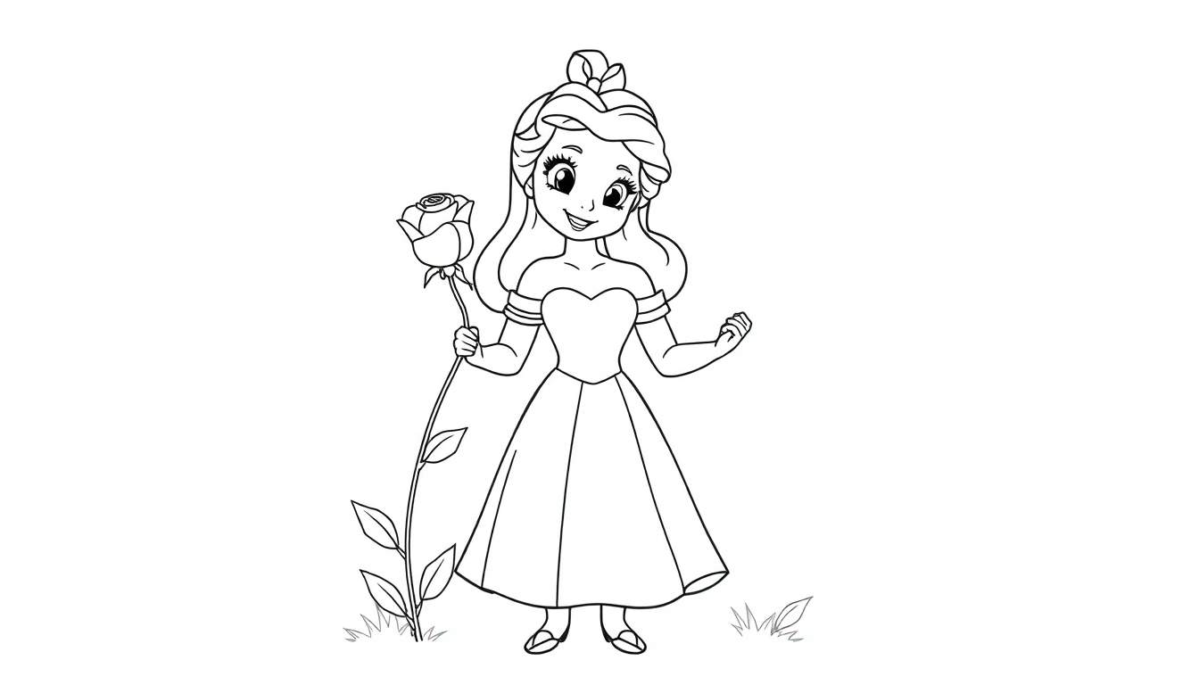 A cute coloring panel of Belle holding a rose, black and white line art.