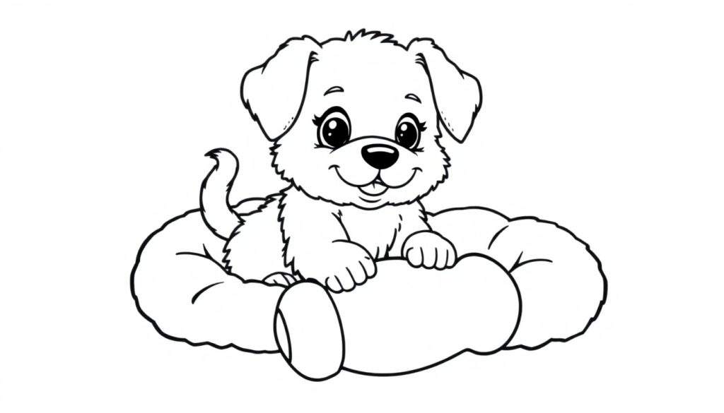 Bentley the puppy, a black and white outline for a color panel, sits happily in his dog bed.