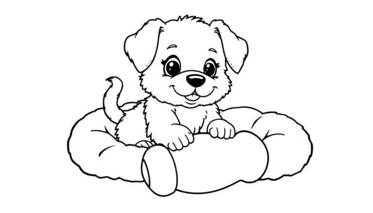 Bentley the puppy, a black and white outline for a color panel, sits happily in his dog bed.