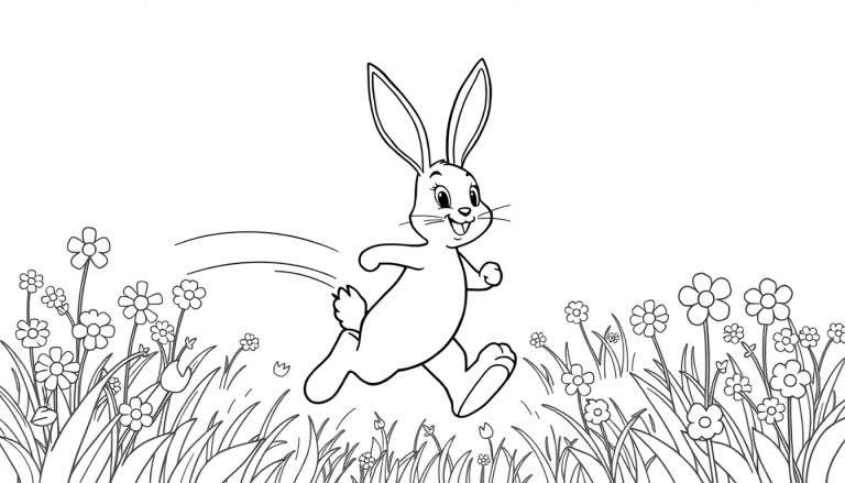 Bing Bunny running happily through a flower field, a black and white coloring page for kids, part of our color panel collection.