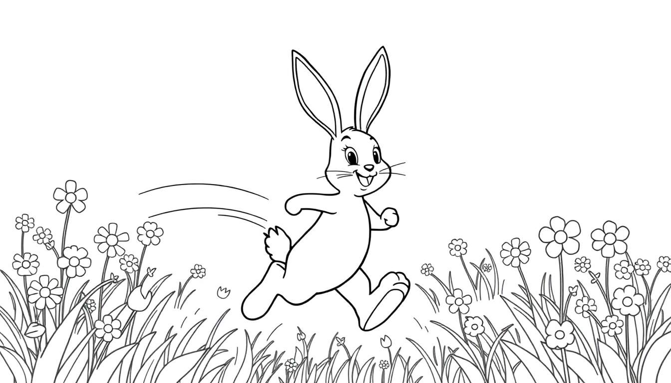 Bing Bunny running happily through a flower field, a black and white coloring page for kids, part of our color panel collection.