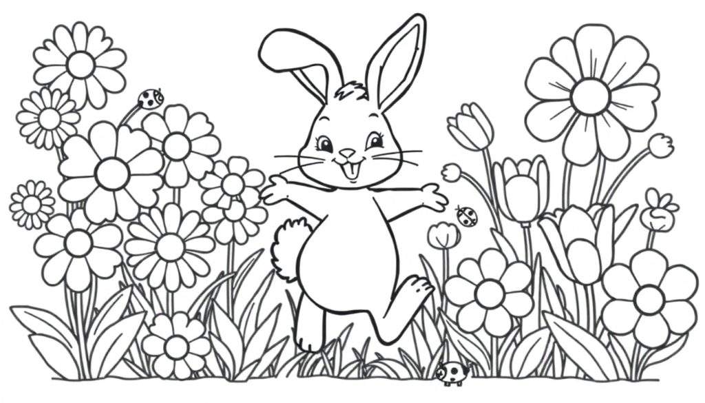 A black and white coloring page of Bing the bunny hopping through a flower garden, perfect for a color panel activity.