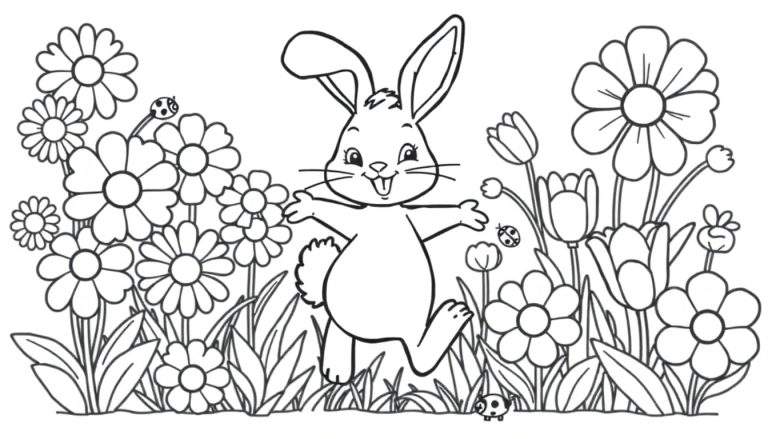 A black and white coloring page of Bing the bunny hopping through a flower garden, perfect for a color panel activity.