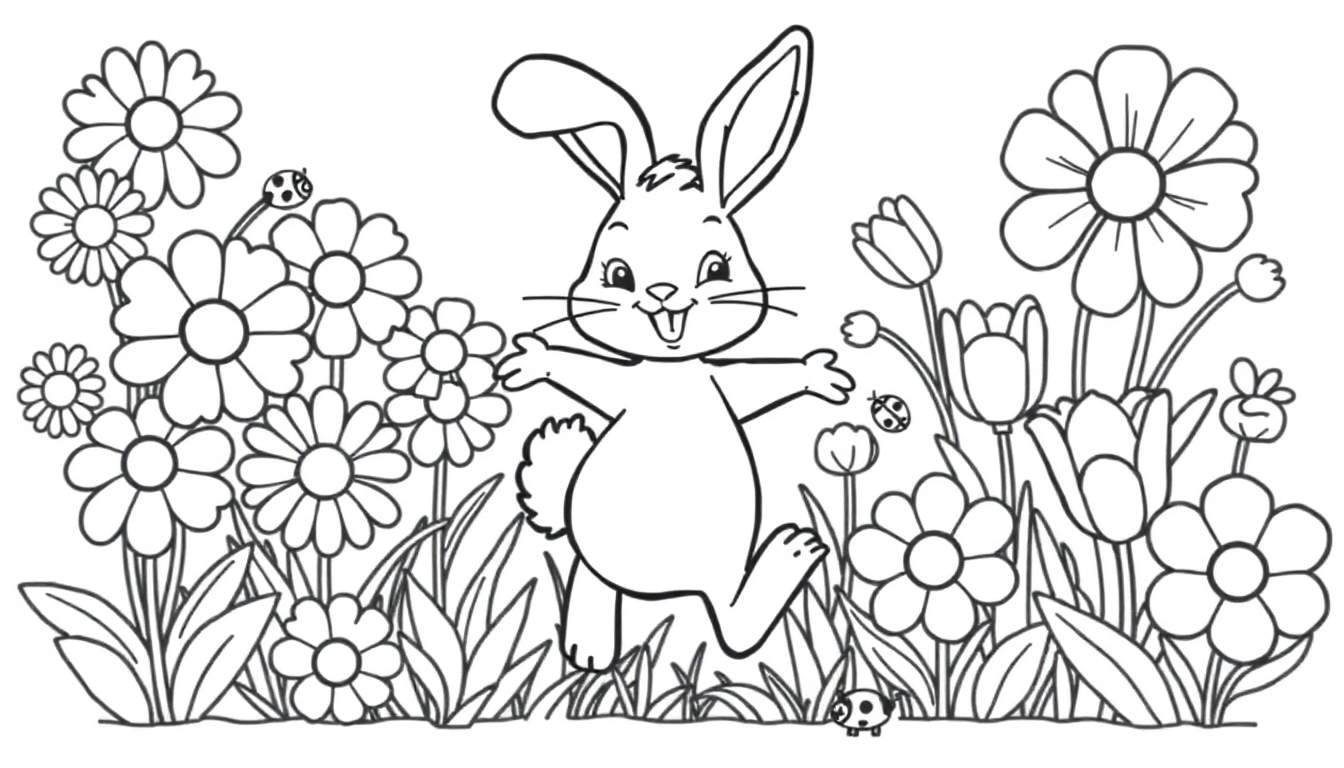 A black and white coloring page of Bing the bunny hopping through a flower garden, perfect for a color panel activity.
