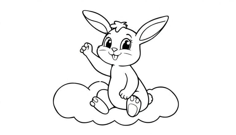 A cute black and white coloring panel of Bing the bunny playing with a fluffy cloud, waving hello.