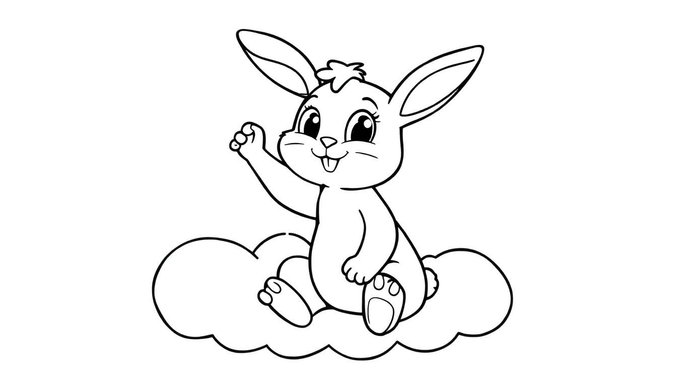 A cute black and white coloring panel of Bing the bunny playing with a fluffy cloud, waving hello.