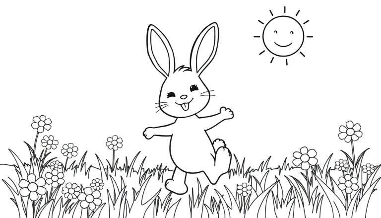A black and white coloring page of Bing the bunny in a flower field under a smiling sun, with a color panel to fill in.