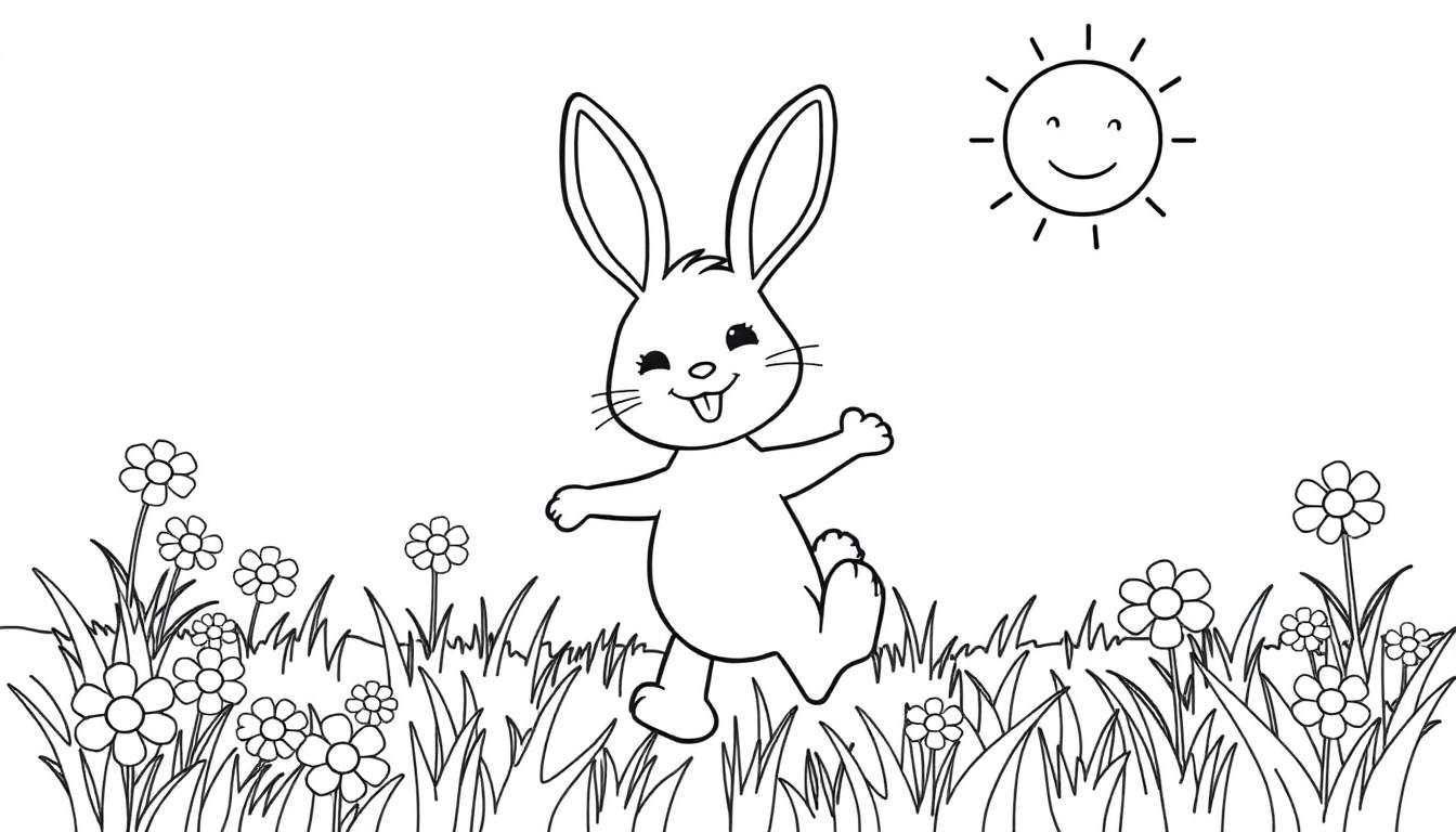 A black and white coloring page of Bing the bunny in a flower field under a smiling sun, with a color panel to fill in.