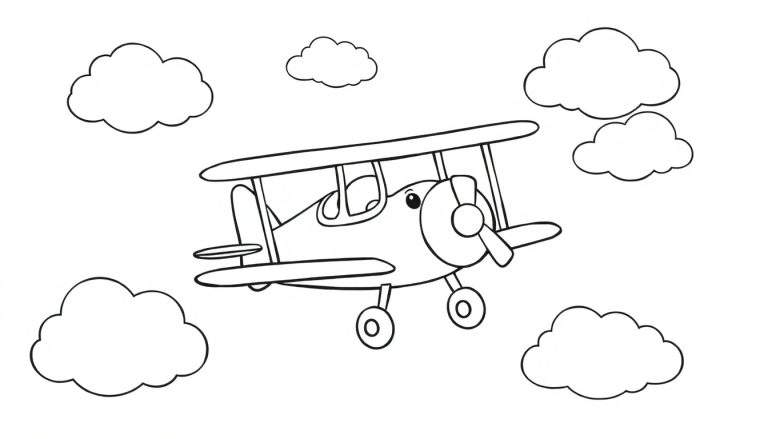 A cute biplane flying through clouds, a black and white color panel.