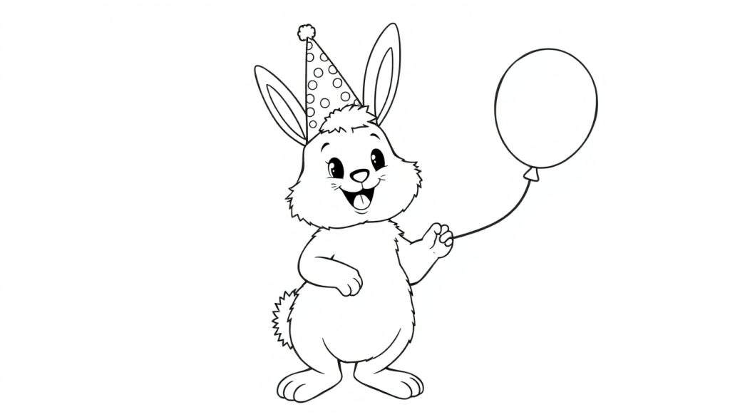 A black and white color panel illustration of a bunny wearing a polka dot party hat and holding a balloon.