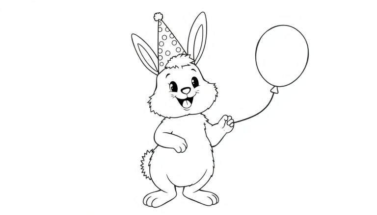 A black and white color panel illustration of a bunny wearing a polka dot party hat and holding a balloon.