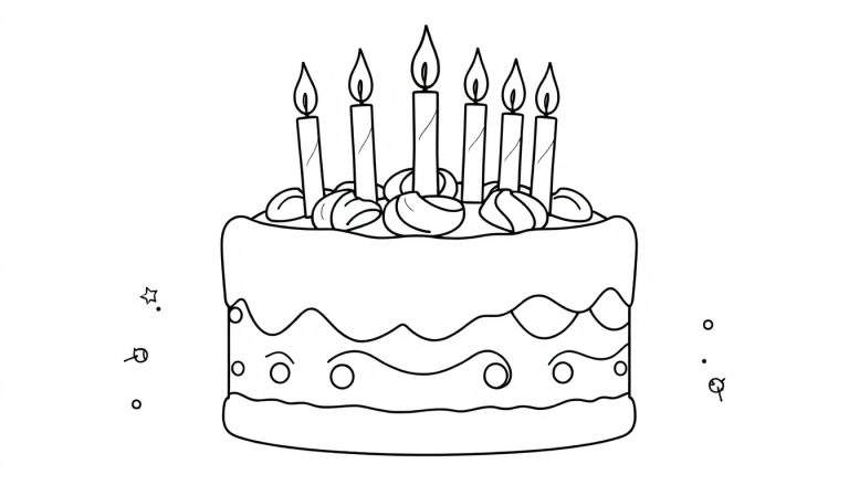 A two-tiered birthday cake ready for coloring in this color panel.