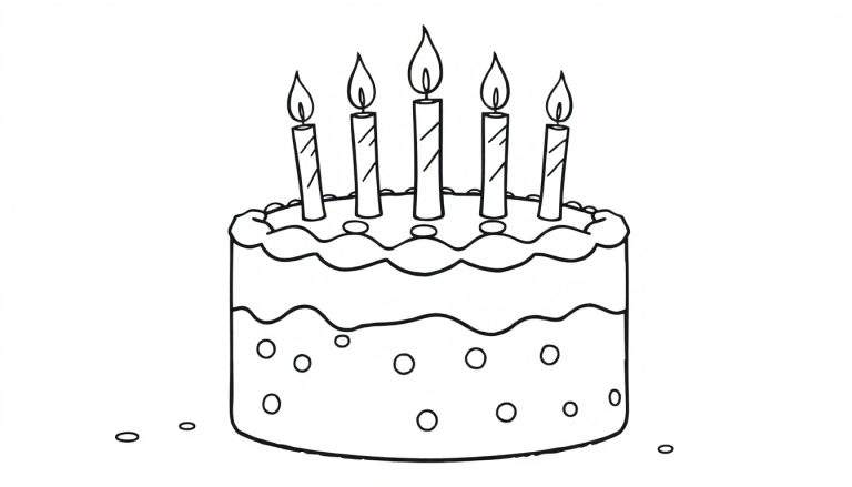 A black and white color panel drawing of a birthday cake with five candles, ready to be colored.