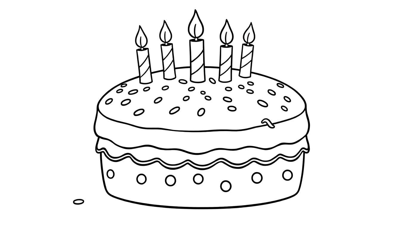 A black and white coloring page of a two-layer birthday cake with five lit candles on top, decorated with sprinkles. A color panel to be filled in!