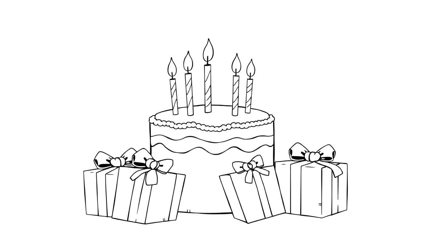 A black and white color panel drawing of a birthday cake with five candles and three gifts, ready for coloring.