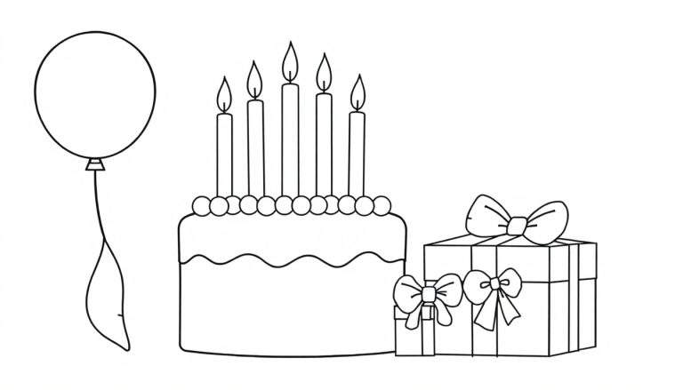A simple black and white illustration of a birthday scene, featuring a balloon, a cake with five candles, and two gift boxes, on a color panel.